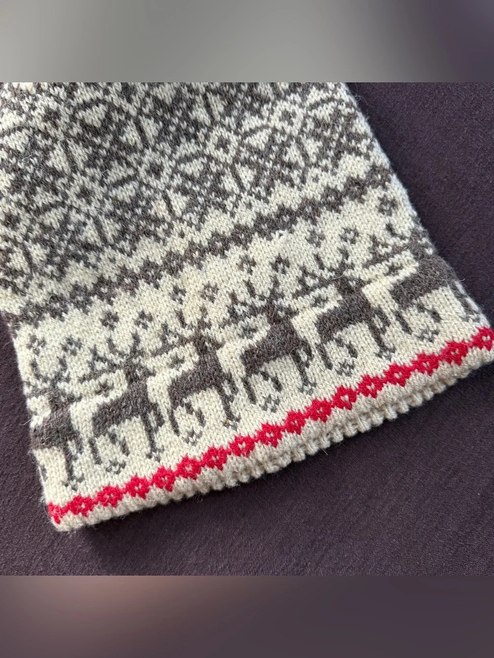 Vintage 60s 70s Nordic Wool Long Reindeer Fair Isle Knit Hat Scandinavian